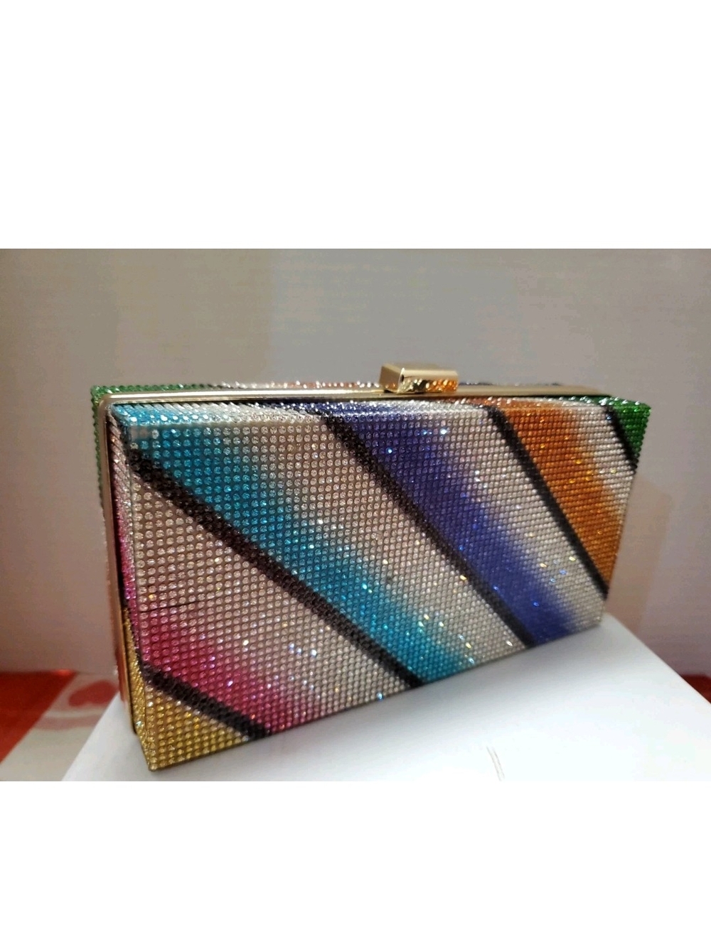 Crystal Multi-Color Diagonal Stripe Evening Clutch With Chain Detatchable Strap